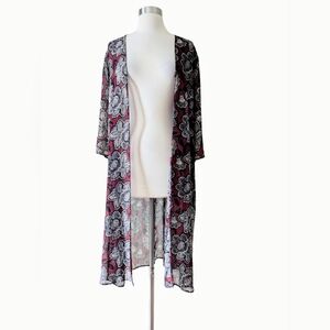 MINE Kimono Cardigan Floral Top Chiffon Sheer Cover Up Midi Red Beige Black MED